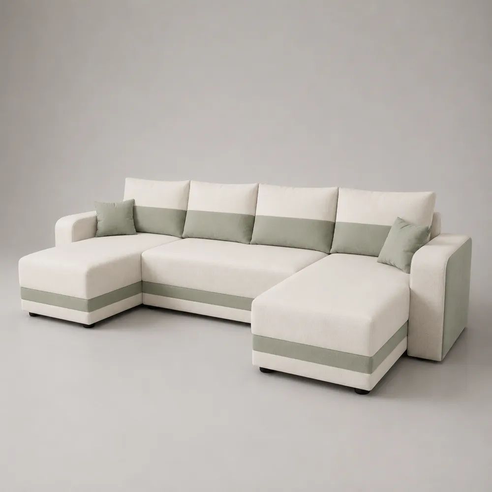 Canapé d'angle panoramique 300 x 160 x 85 cm beige et vert clair en tissu polyester avec méridiennes