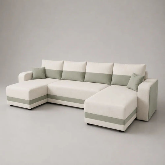 Canapé d'angle panoramique 300 x 160 x 85 cm beige et vert clair en tissu polyester avec méridiennes