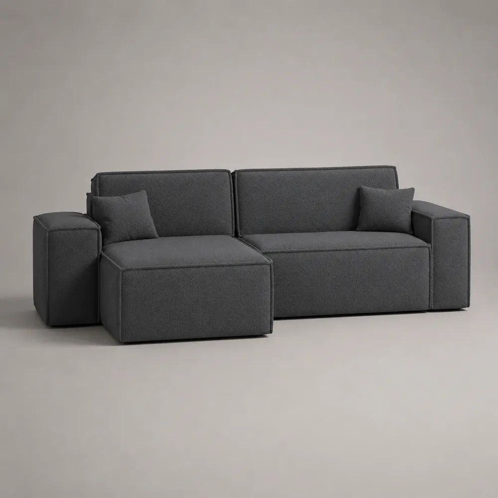 Canapé d'angle gauche 260 x 160 x 85 cm gris en tissu polyester avec méridienne et coussins