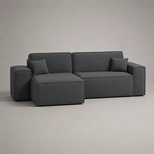 Canapé d'angle gauche 260 x 160 x 85 cm gris en tissu polyester avec méridienne et coussins