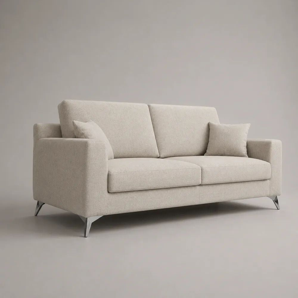 Canapé 3 places 220 x 90 x 85 cm beige en tissu avec coussins amovibles et pieds en acier argenté