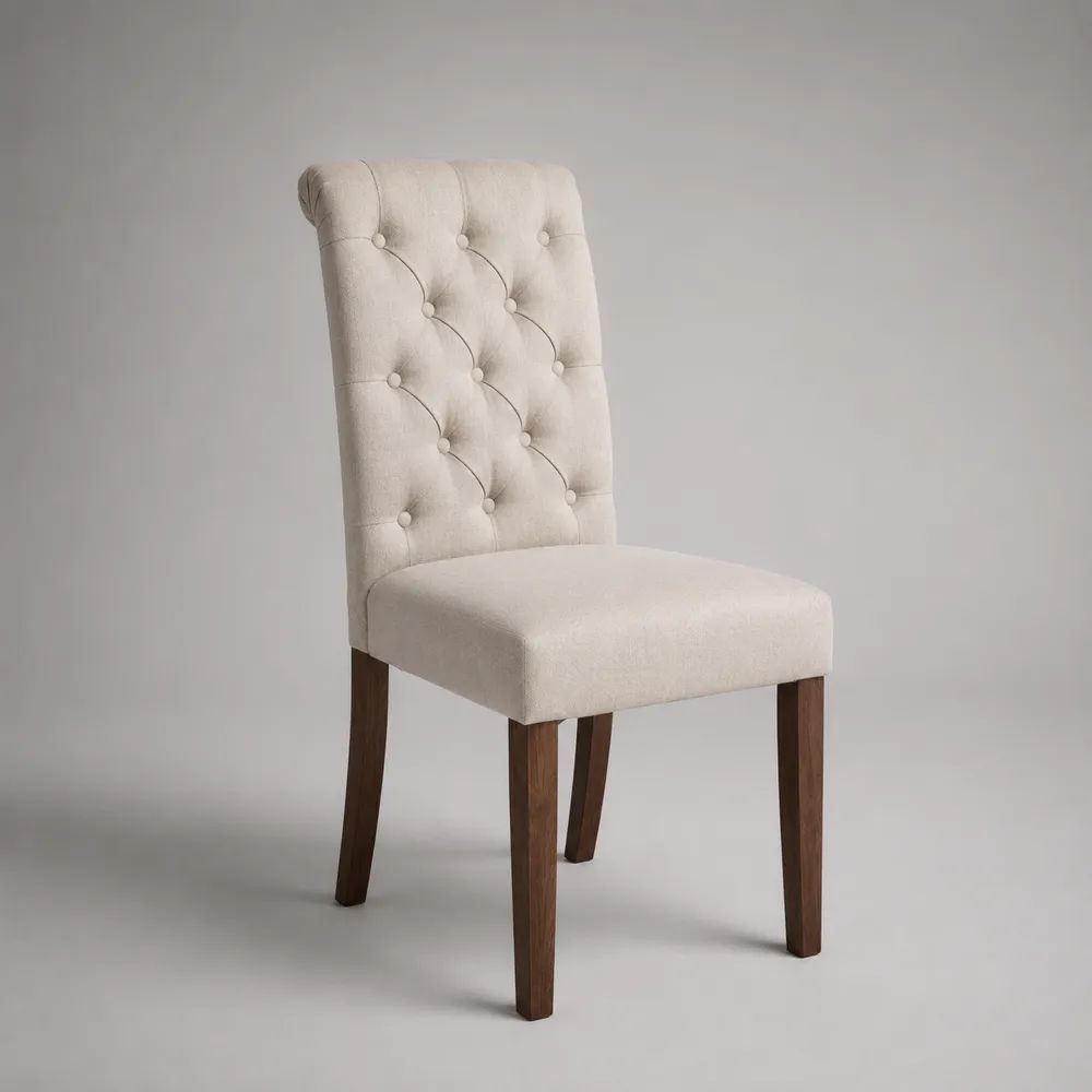 Chaise de salle à manger beige avec dossier capitonné et pieds en bois marron hauteur 90 cm