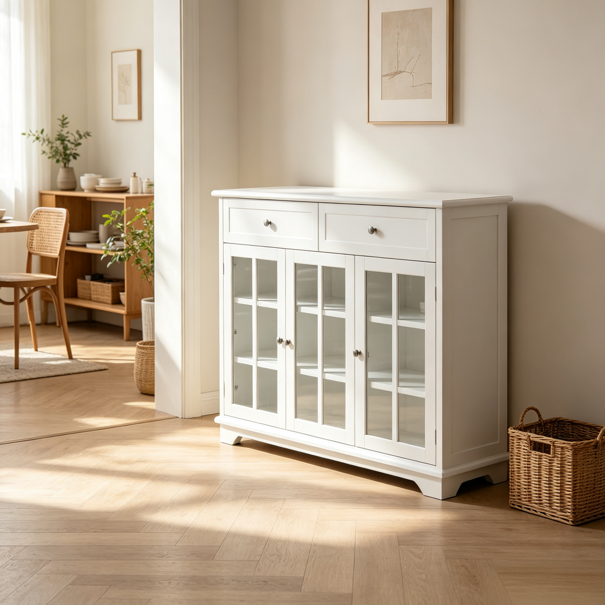 Buffet de cuisine 160 x 40 x 100 cm blanc en bois avec portes vitrées et tiroirs de rangement