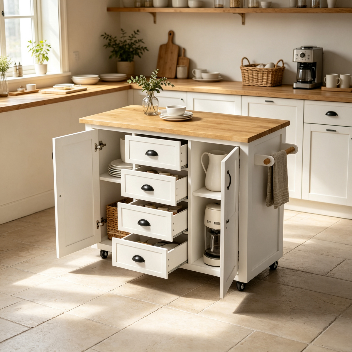 Buffet de cuisine 120 x 40 x 90 cm blanc avec plateau effet bois marron clair, tiroirs, portes et roulettes