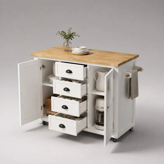Buffet de cuisine 120 x 40 x 90 cm blanc avec plateau effet bois marron clair, tiroirs, portes et roulettes