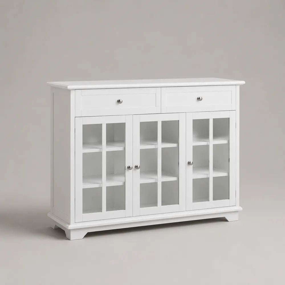 Buffet de cuisine 160 x 40 x 100 cm blanc en bois avec portes vitrées et tiroirs de rangement