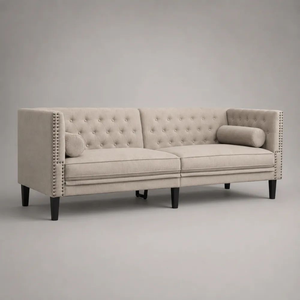 Canapé 3 places 220 x 90 x 85 cm beige en tissu polyester avec dossier capitonné et accoudoirs