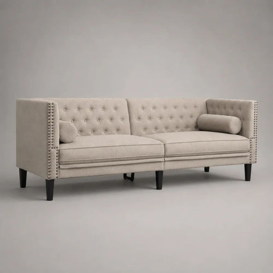 Canapé 3 places 220 x 90 x 85 cm beige en tissu polyester avec dossier capitonné et accoudoirs